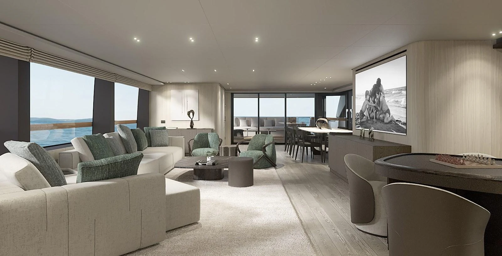 The spacious salon features elegant seating, a large dining area, and panoramic windows for stunning ocean views. aboard TOO COOL Yacht for Sale