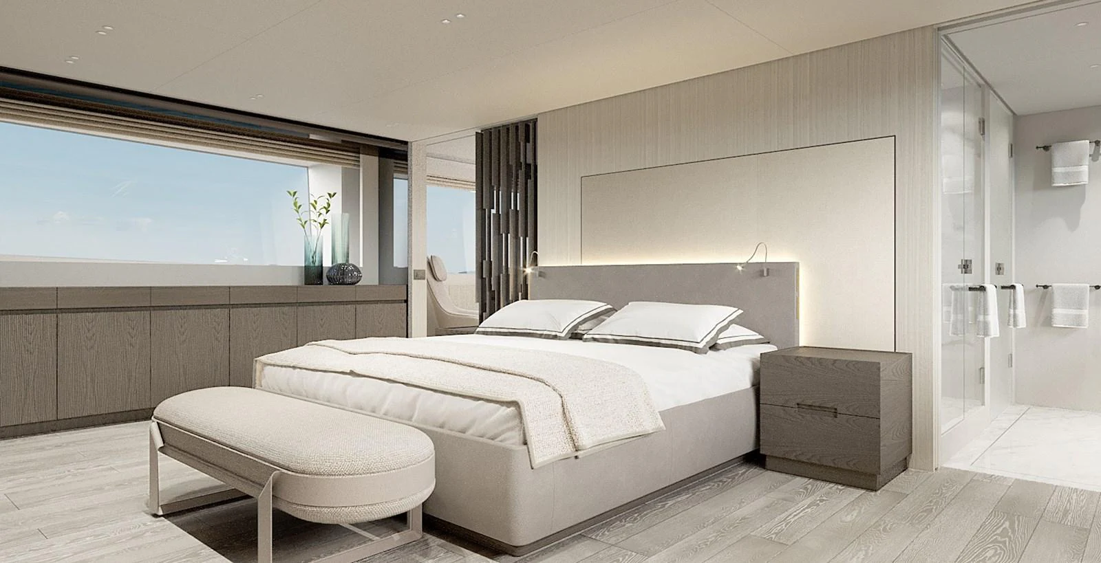The master stateroom offers a serene and luxurious retreat with modern furnishings and ample natural light. aboard TOO COOL Yacht for Sale