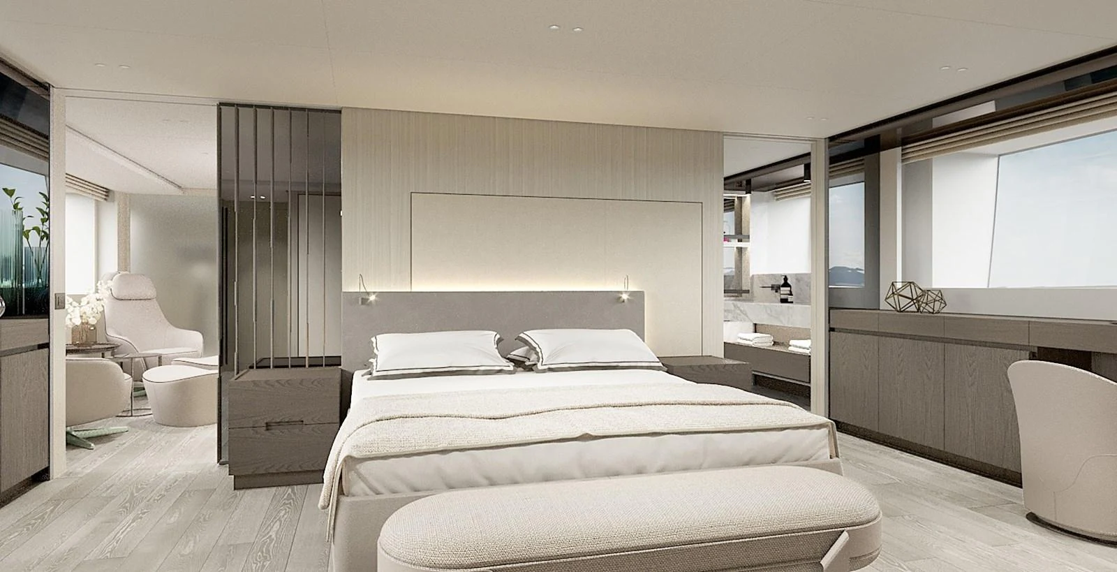 The master stateroom features a spacious bed and elegant furnishings with ample natural light. aboard TOO COOL Yacht for Sale