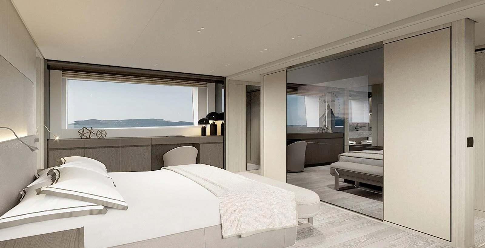 The master stateroom features a luxurious bed with a stunning view through large windows. aboard TOO COOL Yacht for Sale