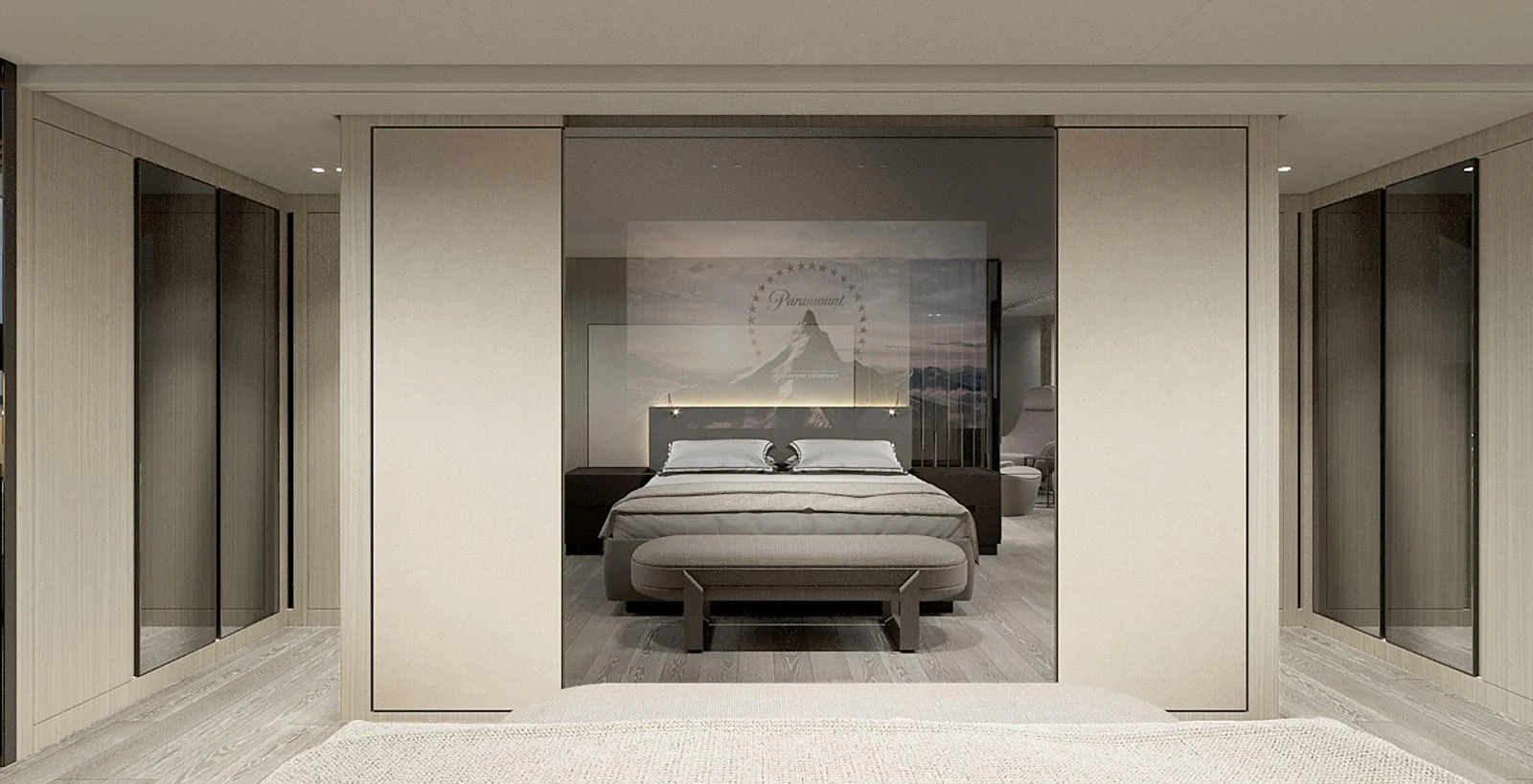The master stateroom features a luxurious bed with modern decor and ample storage space. aboard TOO COOL Yacht for Sale