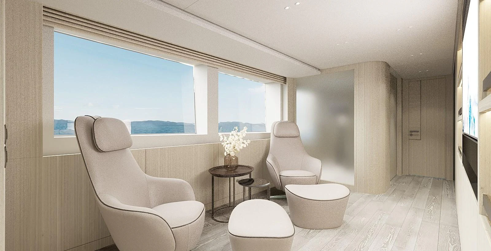 A serene and modern interior lounge area with comfortable seating and large windows offering scenic views. aboard TOO COOL Yacht for Sale