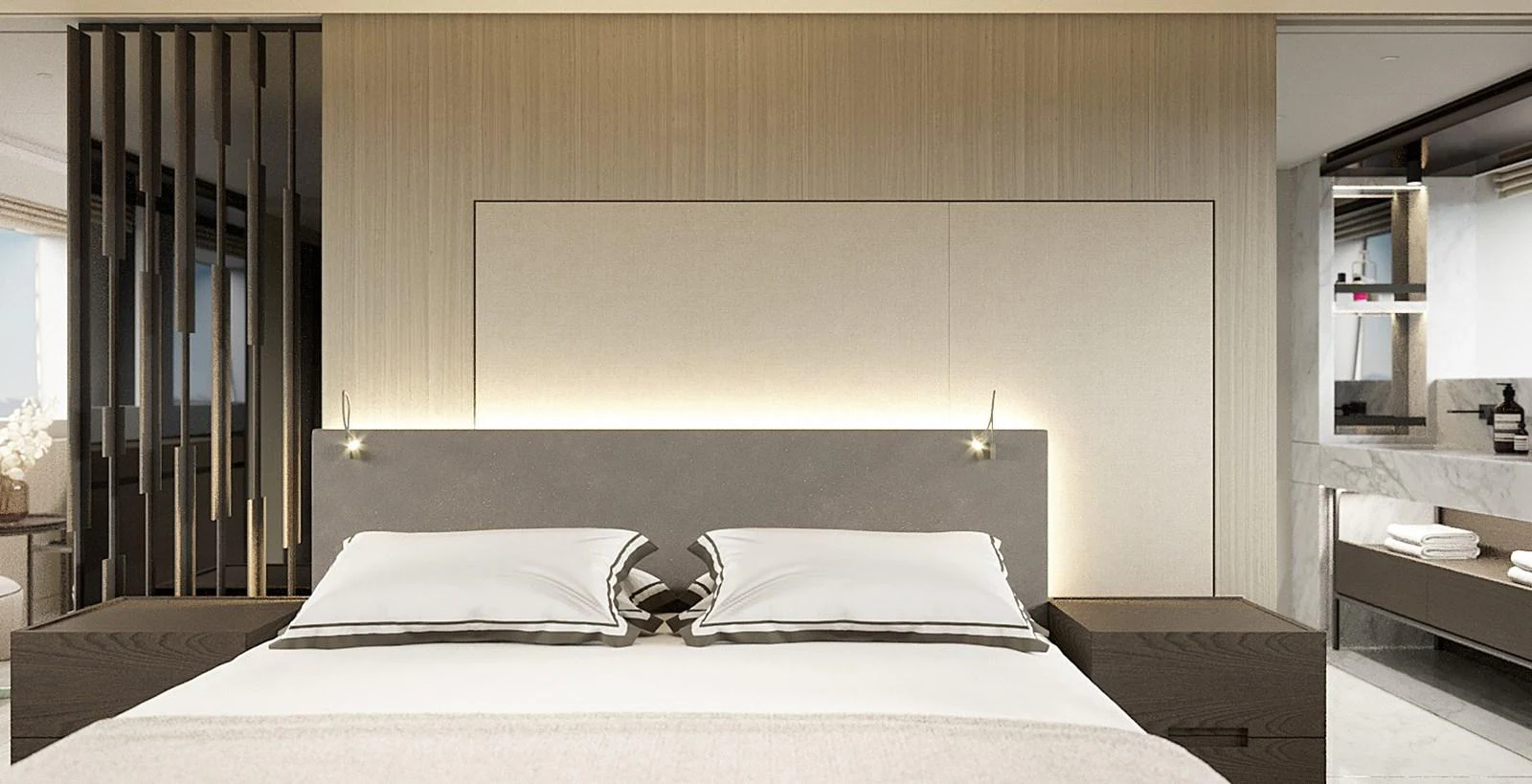 The master stateroom features a luxurious bed with modern decor and ample natural light. aboard TOO COOL Yacht for Sale