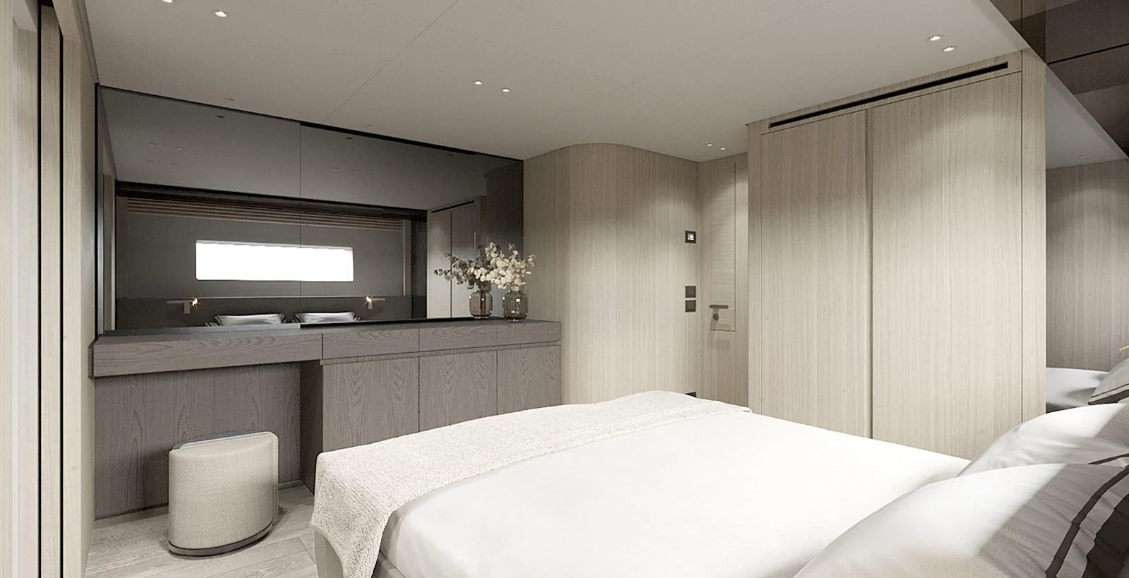 The stateroom features a serene and elegant design with modern furnishings. aboard TOO COOL Yacht for Sale