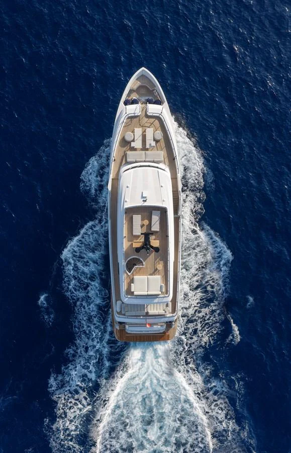Aerial view of a luxurious yacht cruising through deep blue waters. aboard CLAIRE DE LUNE Yacht for Sale