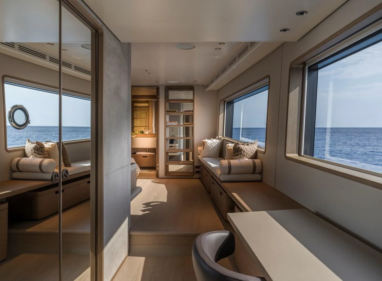 The salon offers a serene and spacious environment with large windows providing stunning ocean views. aboard CLAIRE DE LUNE Yacht for Sale