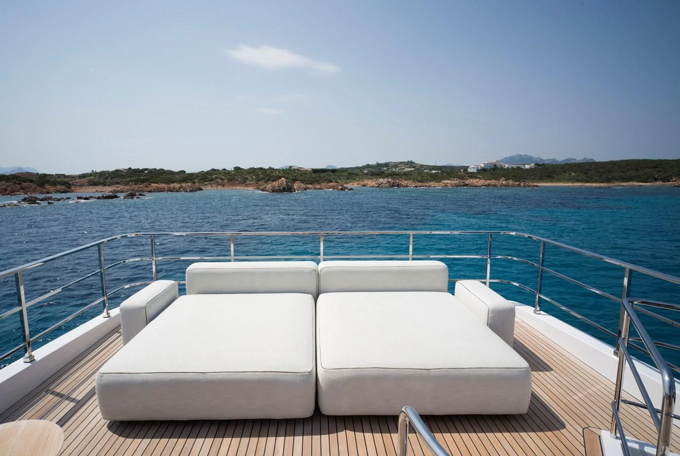 The sundeck features luxurious sunbeds with a stunning view of the surrounding waters. aboard CLAIRE DE LUNE Yacht for Sale