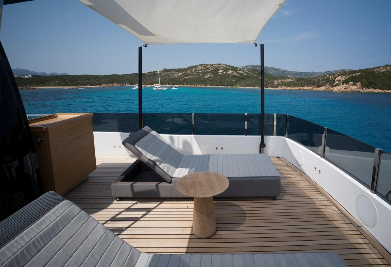 The sundeck offers luxurious lounging with a stunning view of the surrounding waters. aboard CLAIRE DE LUNE Yacht for Sale
