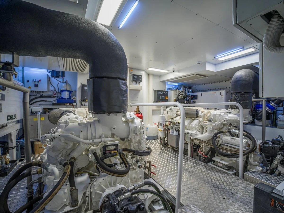 The engine room showcases the yacht's powerful and well-maintained machinery. aboard CLAIRE DE LUNE Yacht for Sale