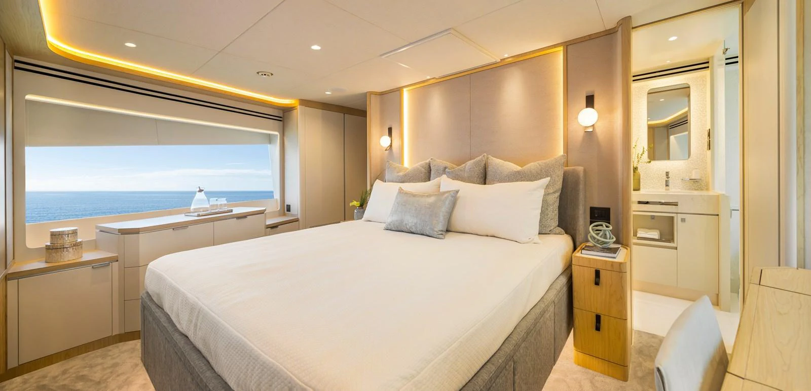 The master stateroom offers a spacious and luxurious retreat with a stunning ocean view. aboard HORIZON FD80/19 Yacht for Sale