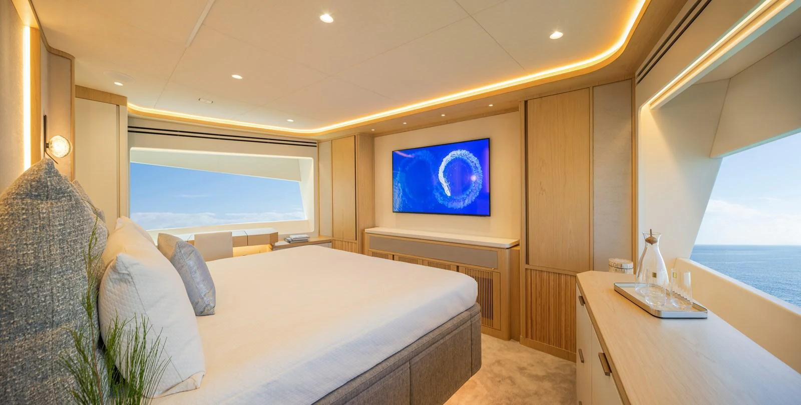 The master stateroom offers a luxurious and spacious retreat with panoramic ocean views. aboard HORIZON FD80/19 Yacht for Sale
