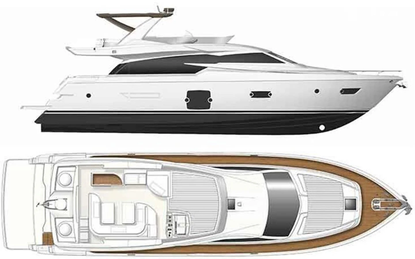 This image showcases the sleek exterior profile and deck layout of a modern yacht. aboard LA LUNA Yacht for Sale