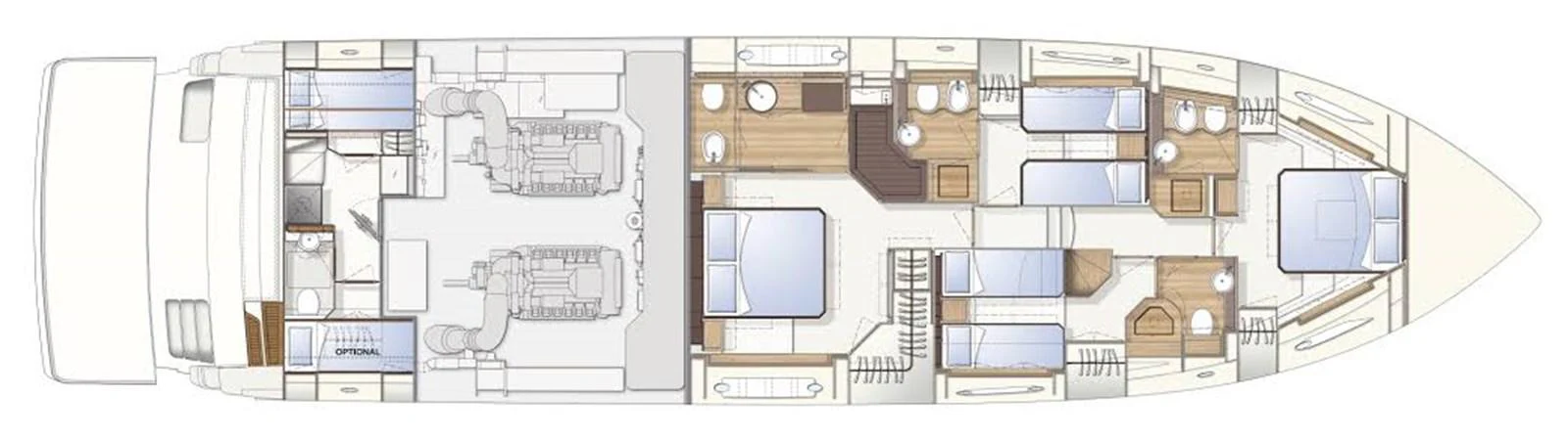 This image showcases the detailed layout plan of a yacht, highlighting various rooms and amenities. aboard LA LUNA Yacht for Sale