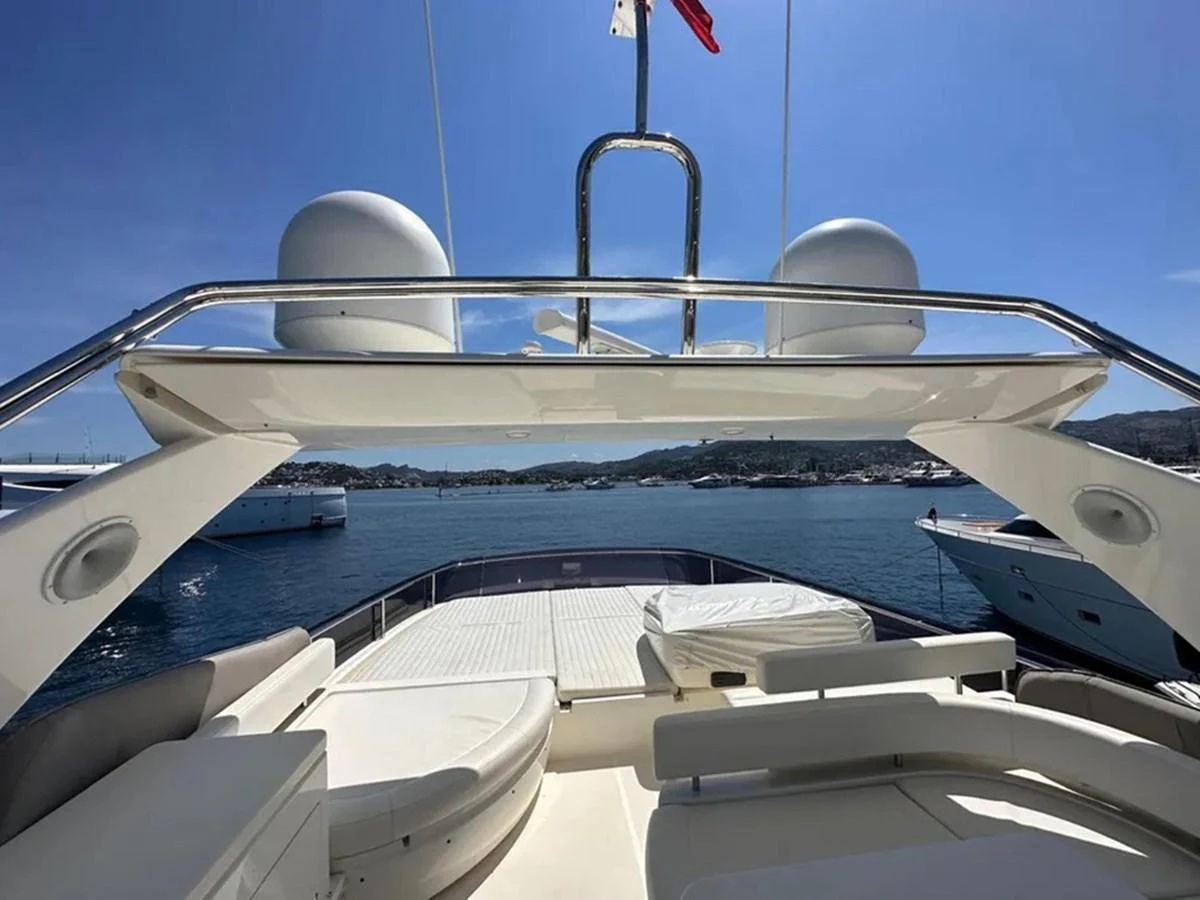 The flybridge offers a spacious and comfortable area for relaxation with panoramic views of the surrounding waters. aboard LA LUNA Yacht for Sale