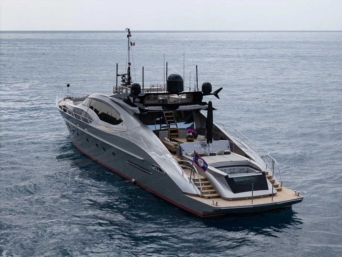 A sleek and modern yacht cruising on calm waters, showcasing its luxurious design and spacious deck. aboard TAIMARE Yacht for Sale