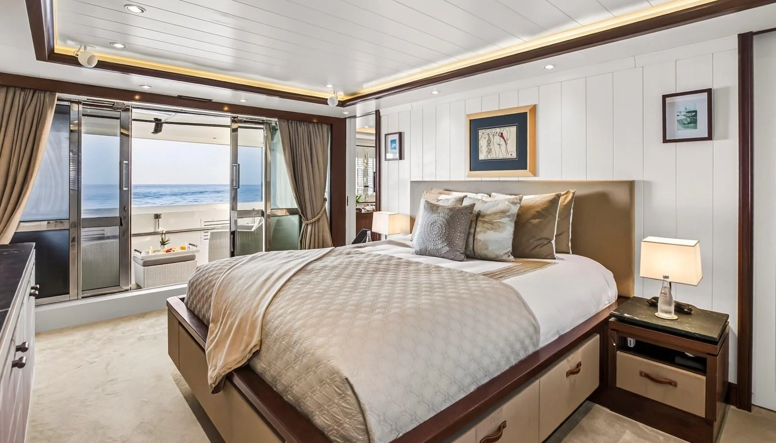 The master stateroom offers a luxurious and spacious retreat with a stunning ocean view. aboard LADY TRUDY Yacht for Sale