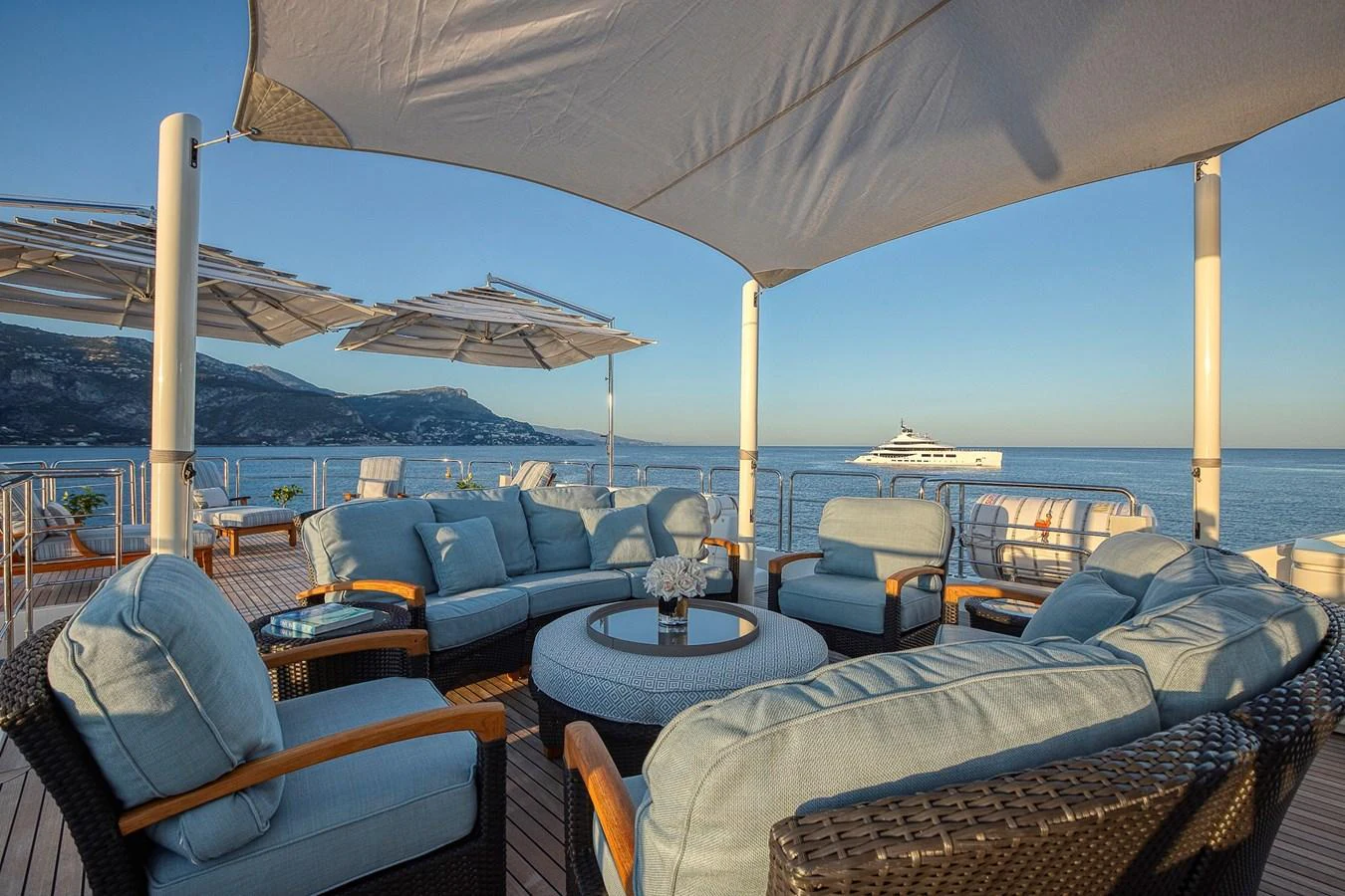 The sundeck offers a spacious seating area with stunning ocean views. aboard LADY TRUDY Yacht for Sale