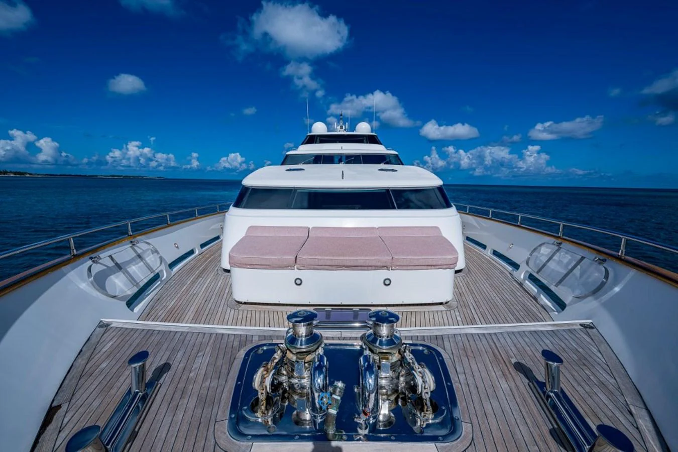 The foredeck of the yacht features spacious sun pads and a stunning view of the open sea. aboard ALEGHI Yacht for Sale