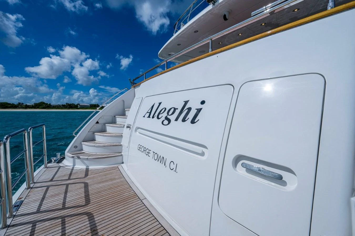 The yacht's sleek exterior showcases its elegant design and luxurious finish. aboard ALEGHI Yacht for Sale