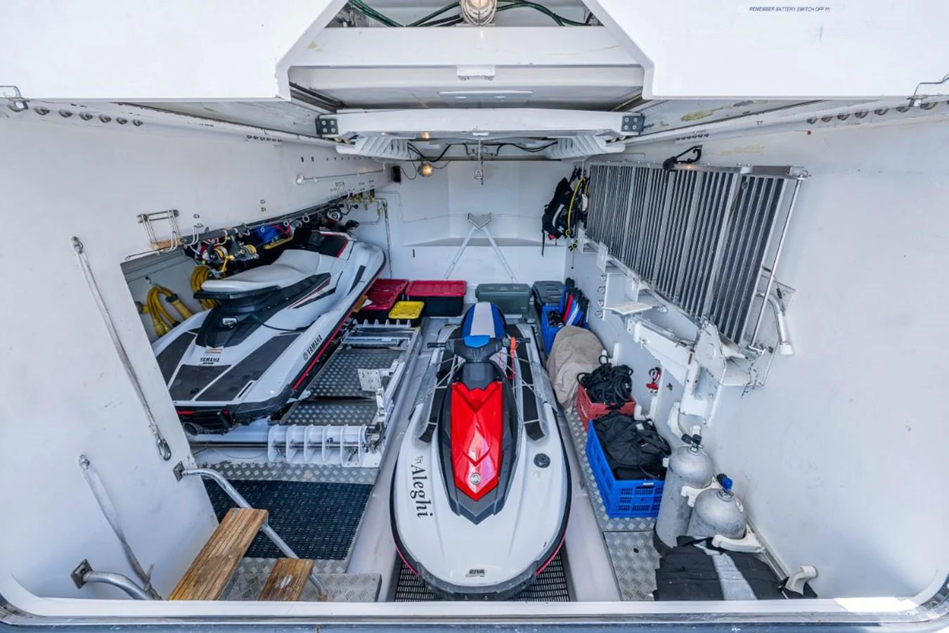 The yacht's garage is well-equipped with jet skis and other water toys, ready for adventure. aboard ALEGHI Yacht for Sale