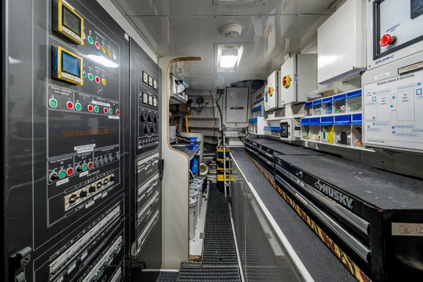 The image showcases the well-organized and high-tech engine room of the yacht. aboard ALEGHI Yacht for Sale