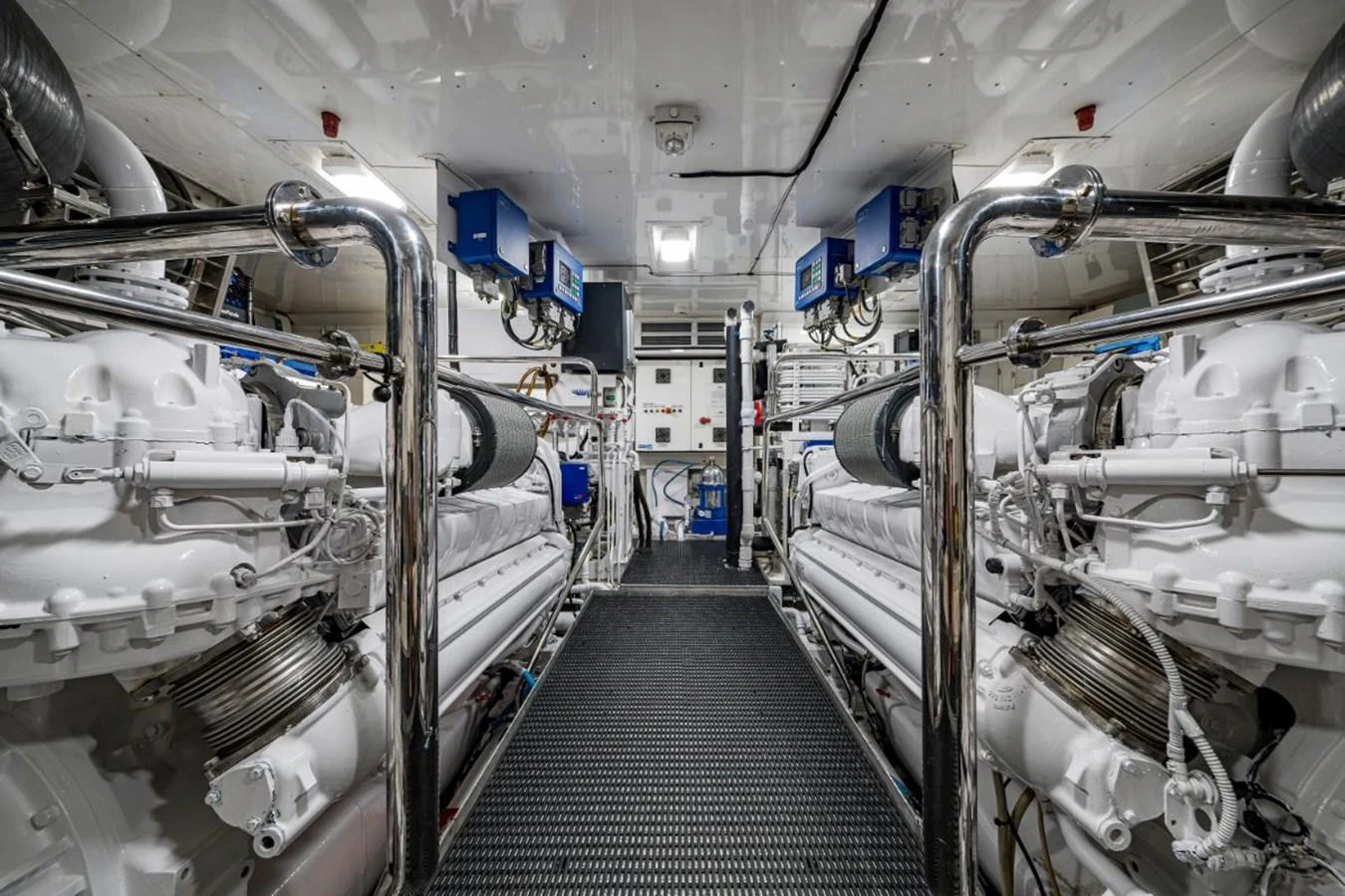 The image showcases a pristine and well-organized engine room with advanced machinery and equipment. aboard ALEGHI Yacht for Sale