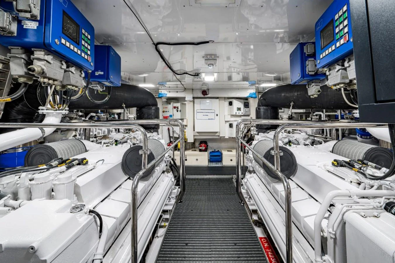 The engine room showcases a meticulously organized and high-tech setup, ensuring optimal performance and reliability. aboard ALEGHI Yacht for Sale