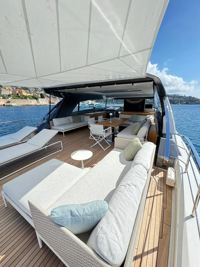 The sundeck offers a spacious and luxurious area for relaxation with comfortable seating and stunning views. aboard BELLA B Yacht for Sale