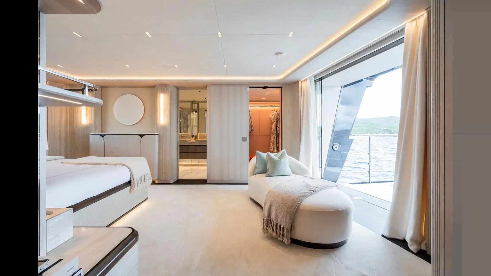 The master stateroom offers a luxurious and spacious retreat with elegant furnishings and a stunning view of the sea. aboard BIG SHARK Yacht for Sale