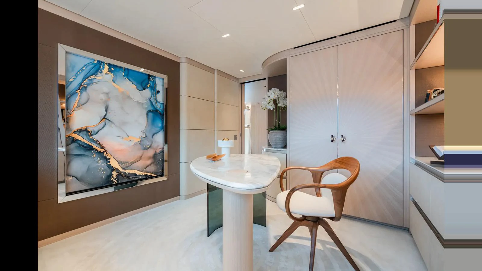 A stylish and modern interior space featuring elegant furnishings and decor. aboard BIG SHARK Yacht for Sale