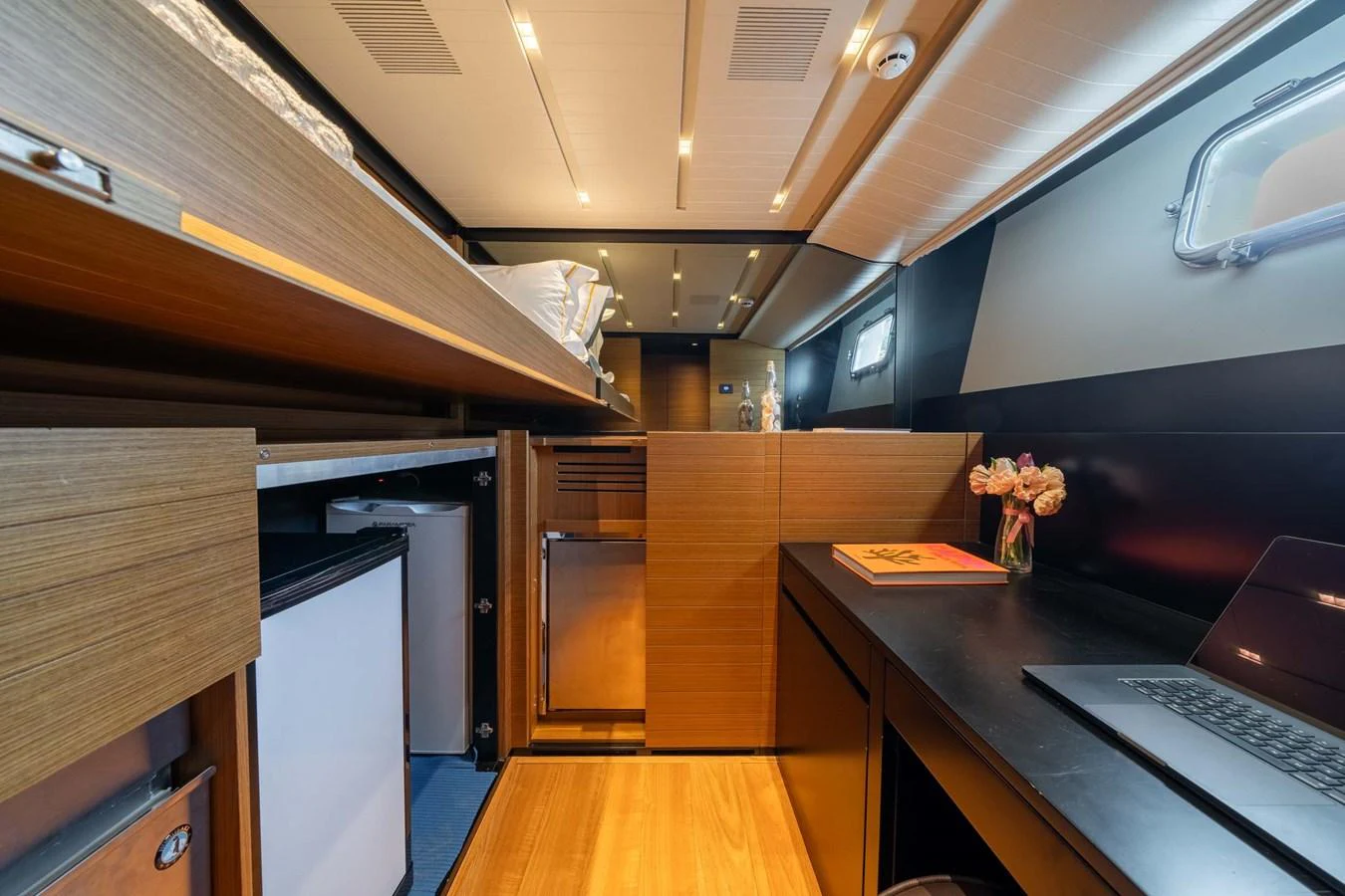 The crew quarters are well-appointed with modern amenities and efficient use of space. aboard JACKI 8 Yacht for Sale