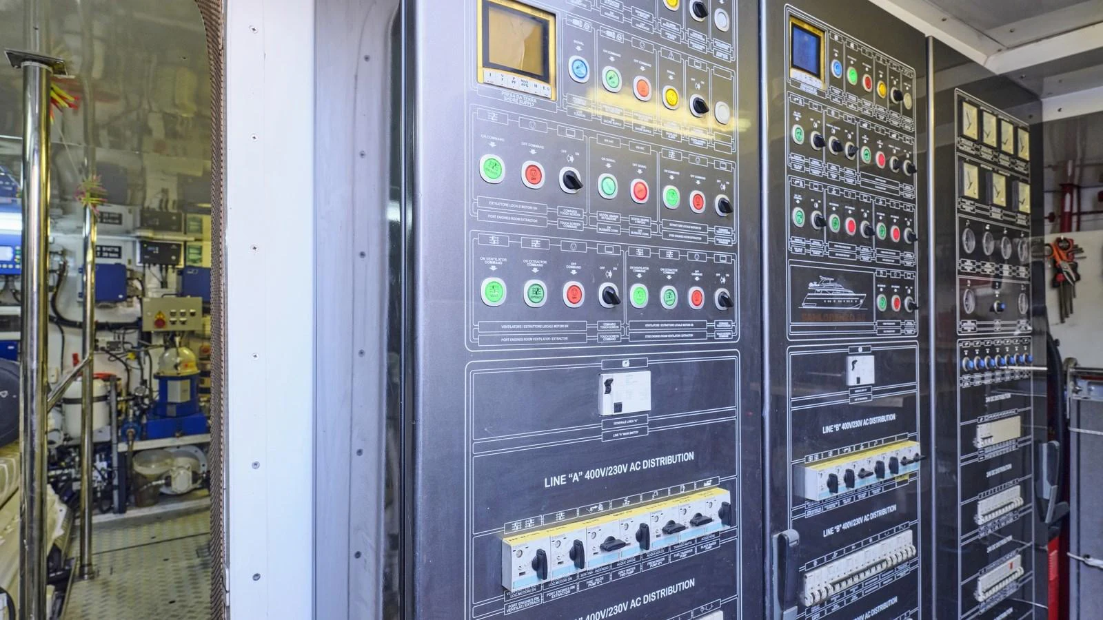 The image showcases the sophisticated control panels in the yacht's engine room. aboard OASIS Yacht for Sale