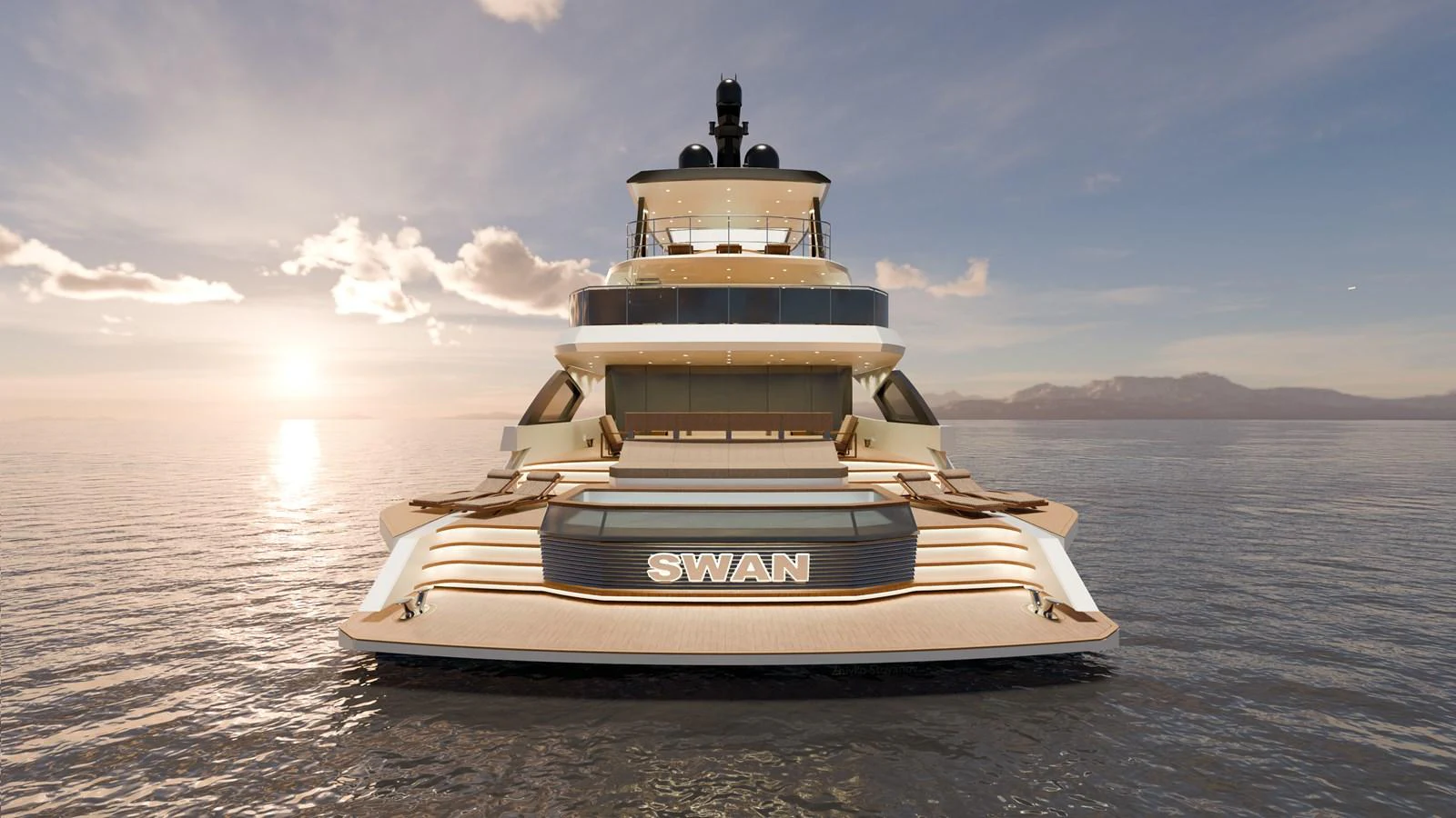 A luxurious yacht is seen from the rear, showcasing its elegant design and spacious decks against a serene sunset backdrop. aboard SWAN 45M Yacht for Sale