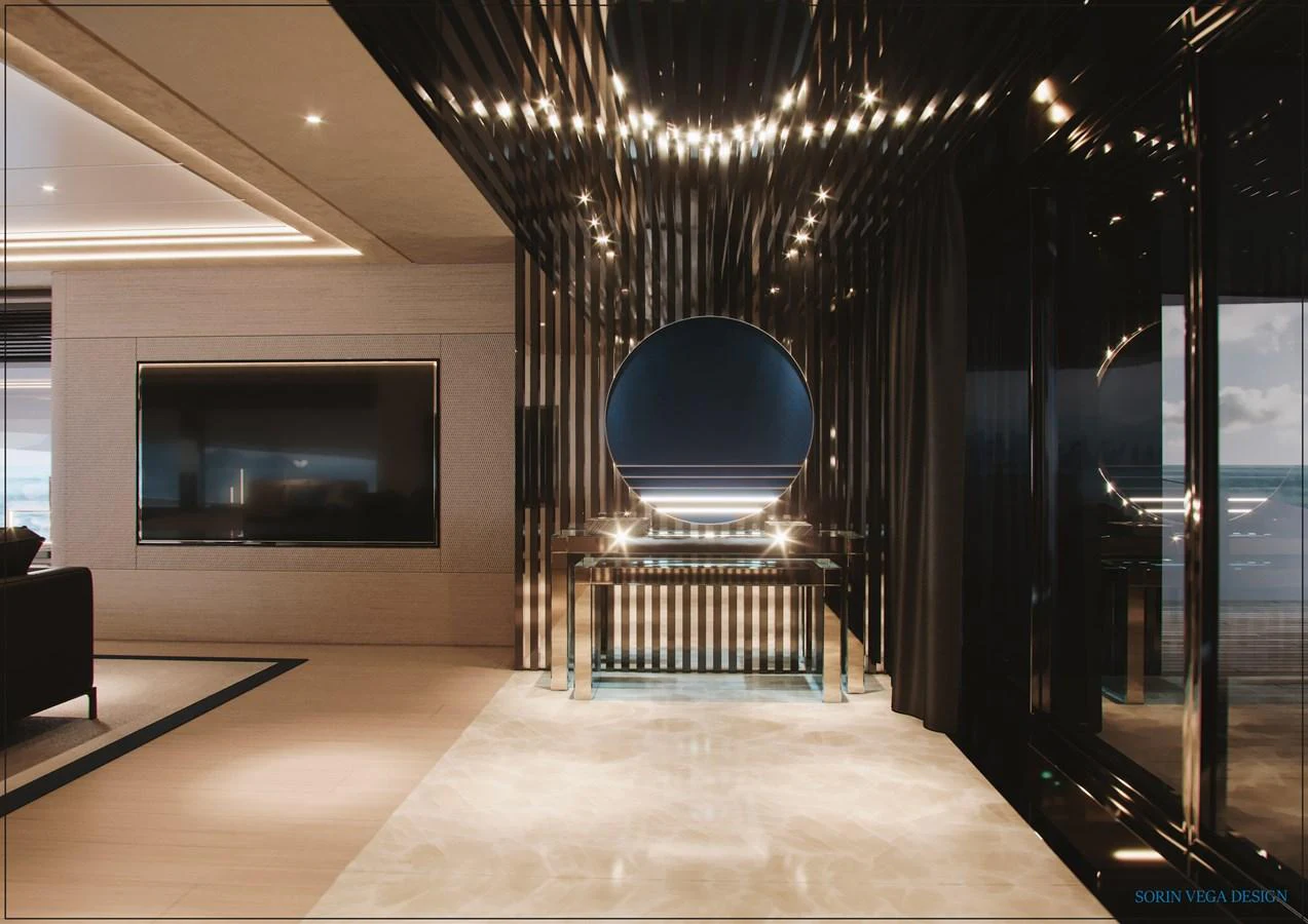 A luxurious interior space featuring a sleek, modern design with a large circular mirror and elegant lighting. aboard SWAN 45M Yacht for Sale