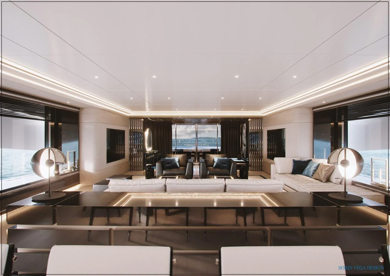 The salon offers a spacious and luxurious seating area with panoramic views. aboard SWAN 45M Yacht for Sale