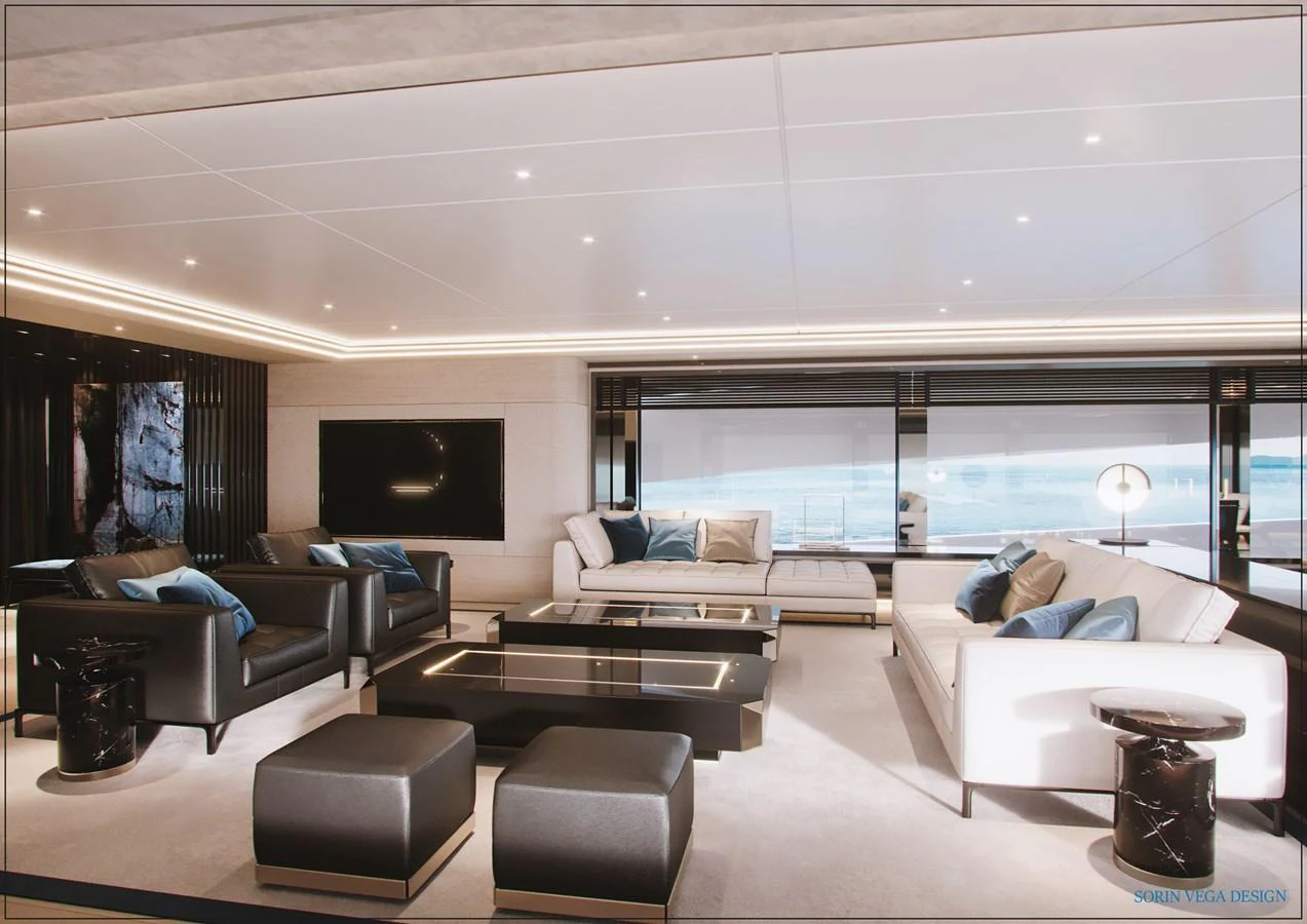 The salon features luxurious seating with a modern design and large windows offering stunning views. aboard SWAN 45M Yacht for Sale