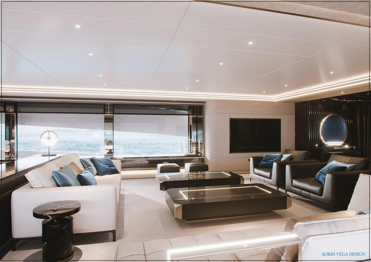 The salon features modern furnishings with large windows offering stunning sea views. aboard SWAN 45M Yacht for Sale