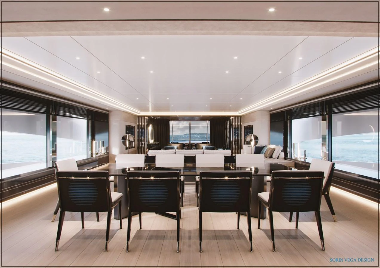 The spacious interior features a modern design with ample seating and large windows offering stunning ocean views. aboard SWAN 45M Yacht for Sale