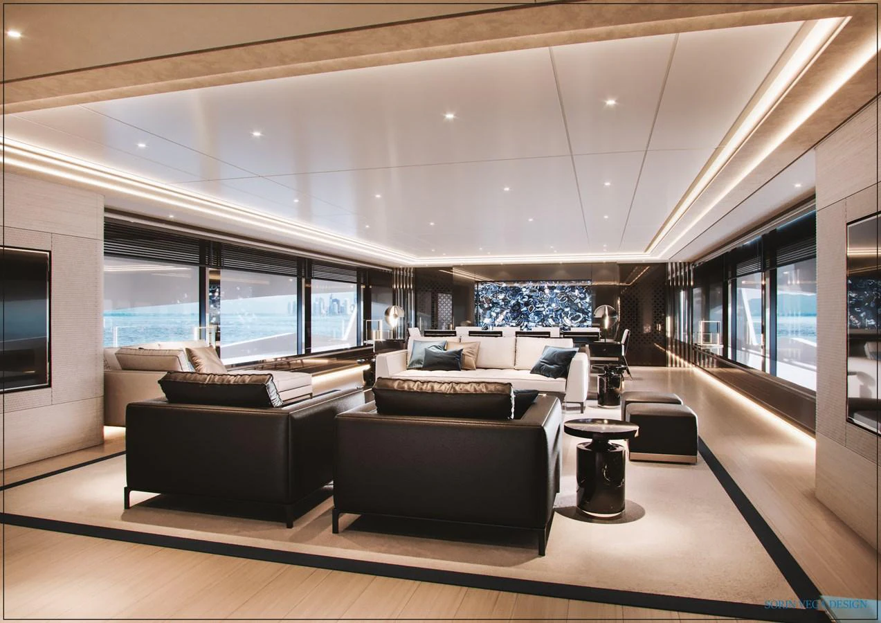 The salon offers a spacious and elegant seating area with panoramic views. aboard SWAN 45M Yacht for Sale