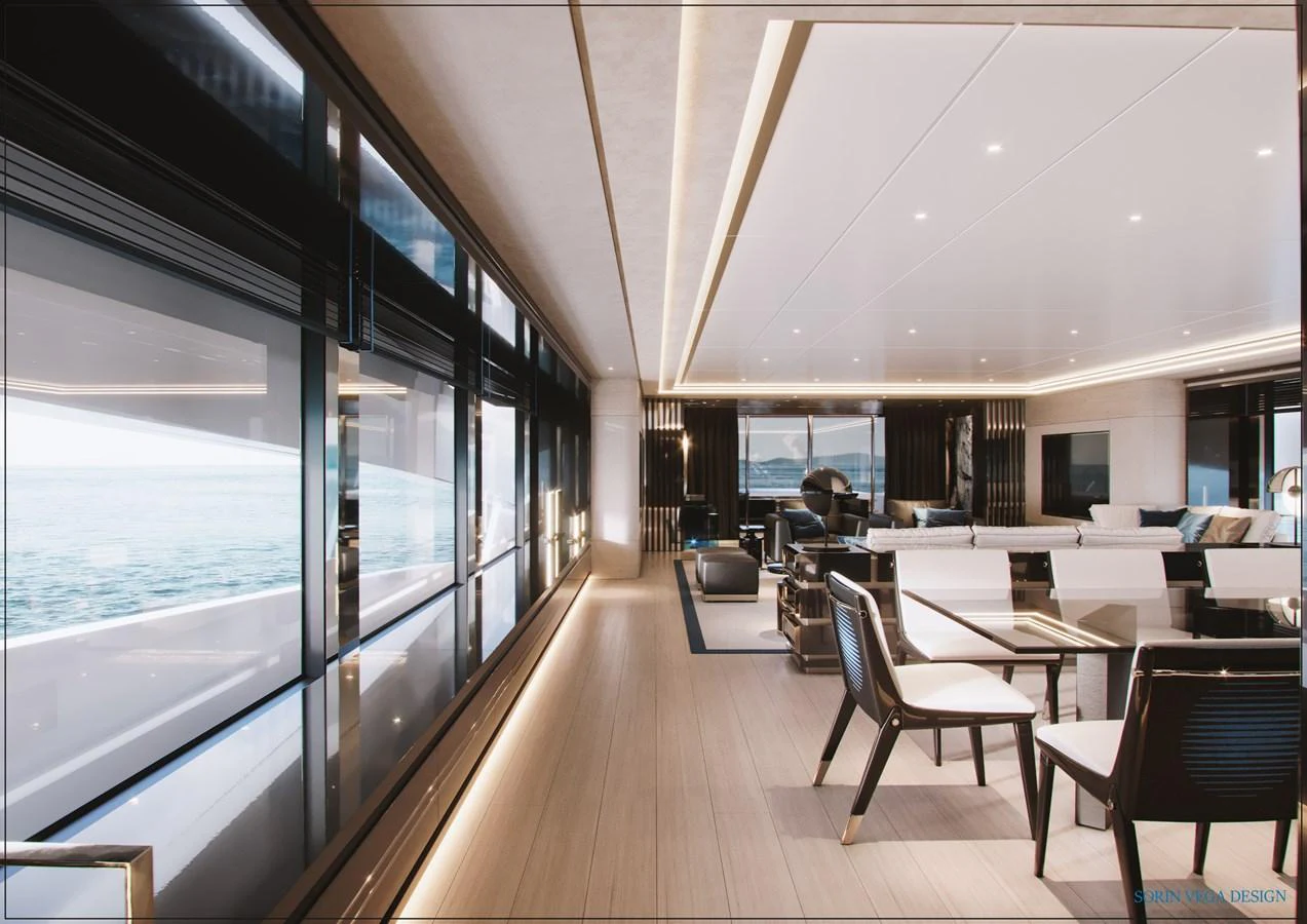The yacht's salon features modern furnishings with expansive windows offering stunning ocean views. aboard SWAN 45M Yacht for Sale