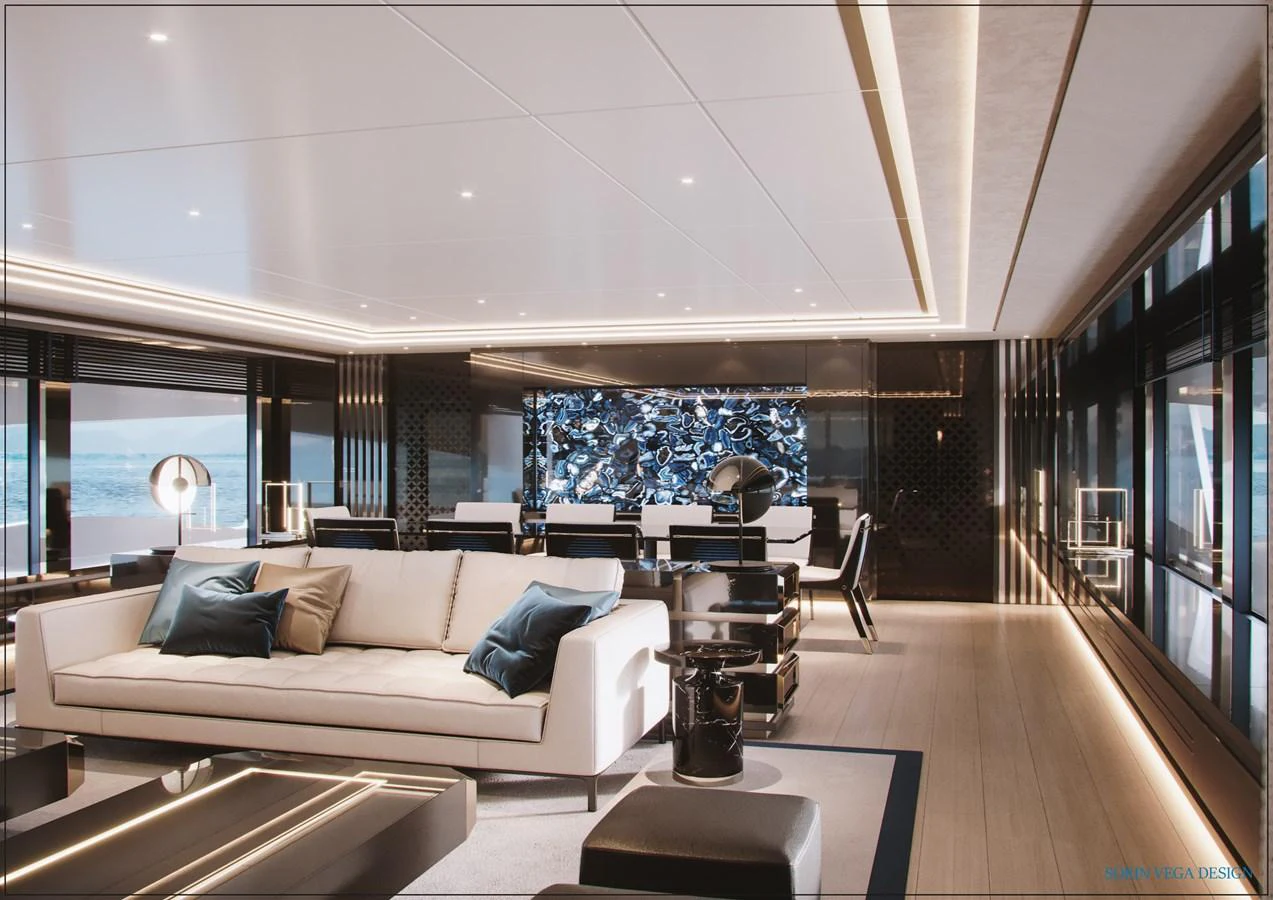 The yacht's salon exudes modern elegance with its spacious layout and luxurious furnishings. aboard SWAN 45M Yacht for Sale