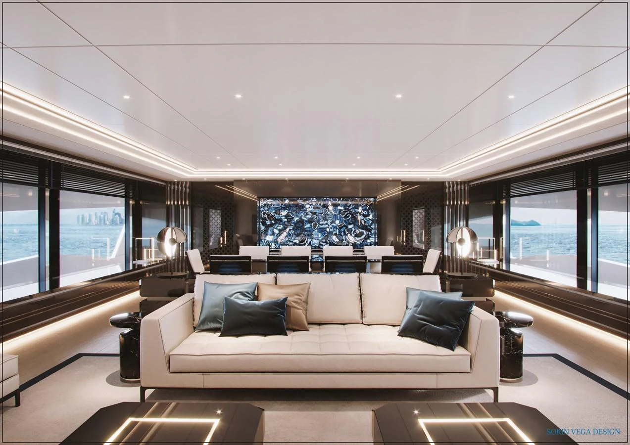 The salon features a luxurious seating area with panoramic windows offering stunning ocean views. aboard SWAN 45M Yacht for Sale