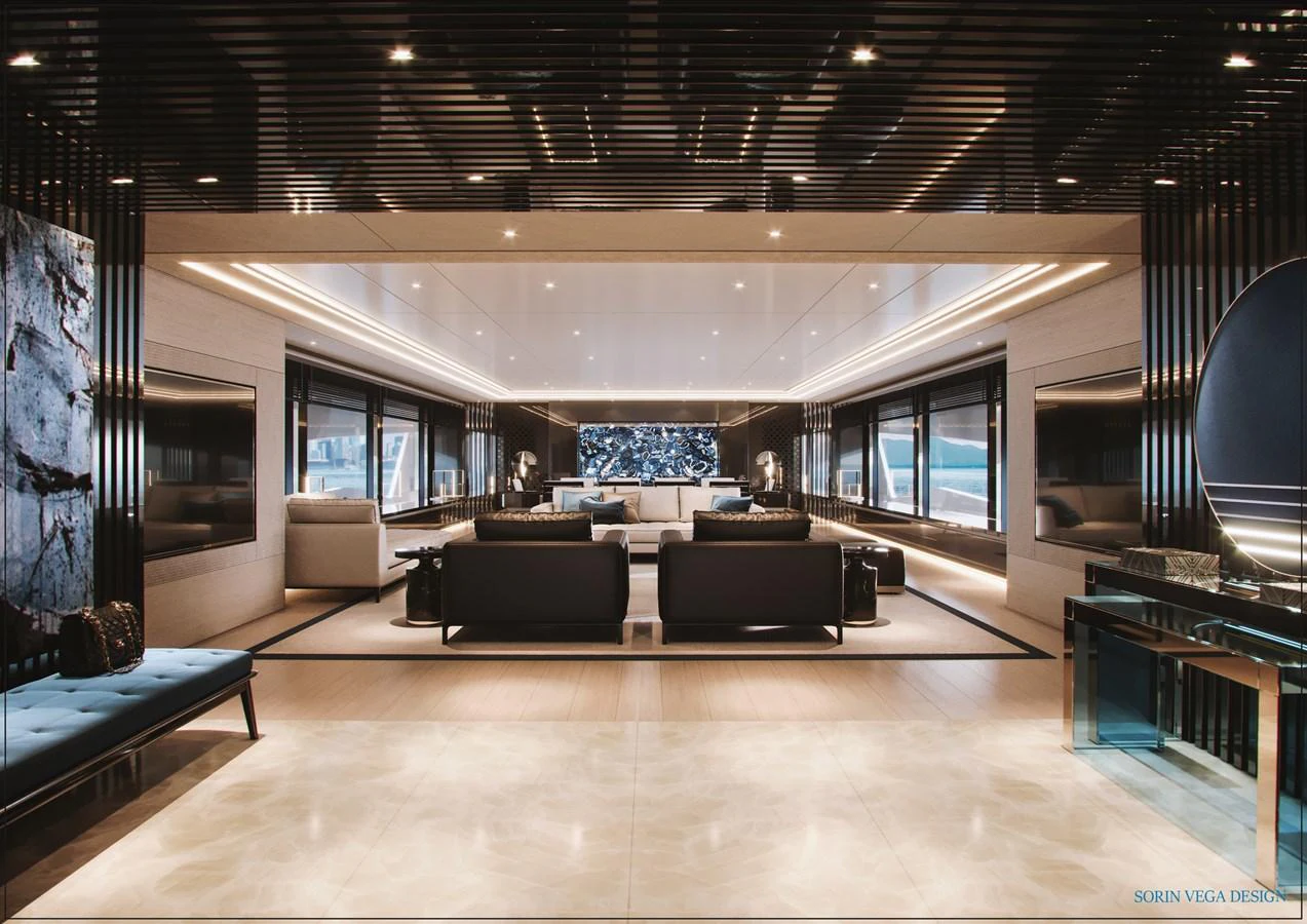 The yacht's salon features luxurious seating and modern design elements, creating an elegant and inviting atmosphere. aboard SWAN 45M Yacht for Sale