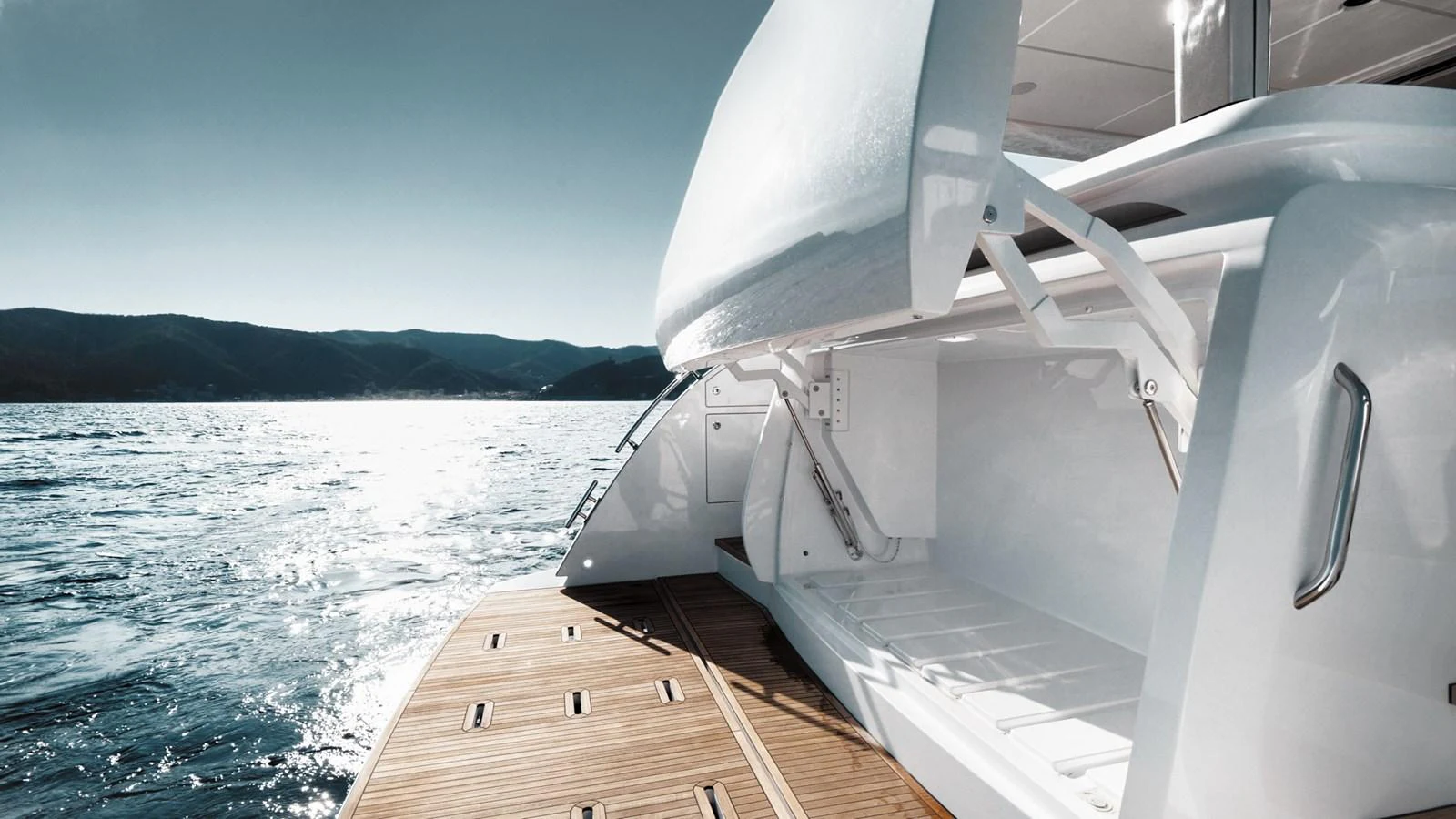 The image captures a sleek and modern yacht storage compartment with a view of the serene water and distant hills. aboard MILES Yacht for Sale
