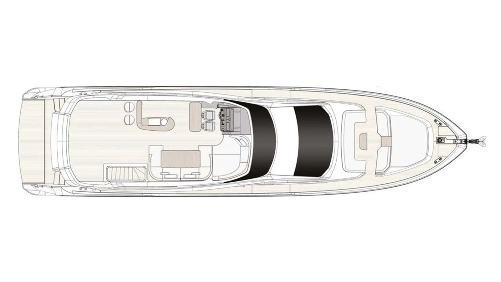 This image shows the detailed deck plan of a luxurious yacht, highlighting its layout and design. aboard MILES Yacht for Sale