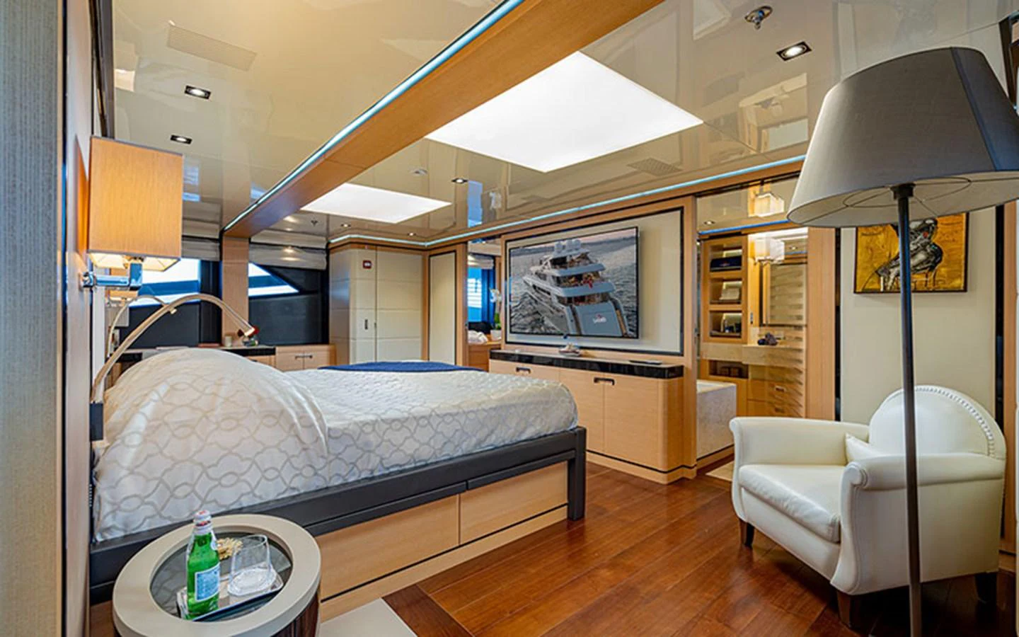 The master stateroom features luxurious furnishings and modern decor. aboard 2 LADIES Yacht for Sale