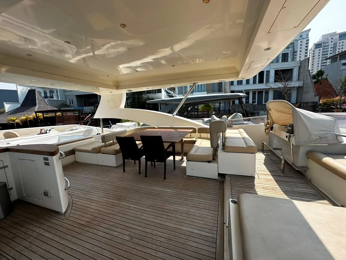 The yacht's aft deck features a spacious seating area with a dining table, perfect for outdoor relaxation and dining. aboard GALLEN Yacht for Sale
