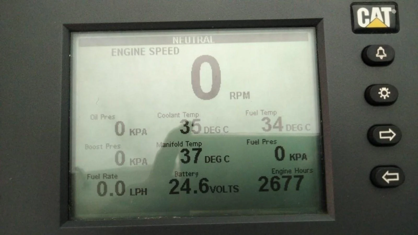 The engine monitor displays various metrics including engine speed, coolant temperature, and battery voltage. aboard GALLEN Yacht for Sale