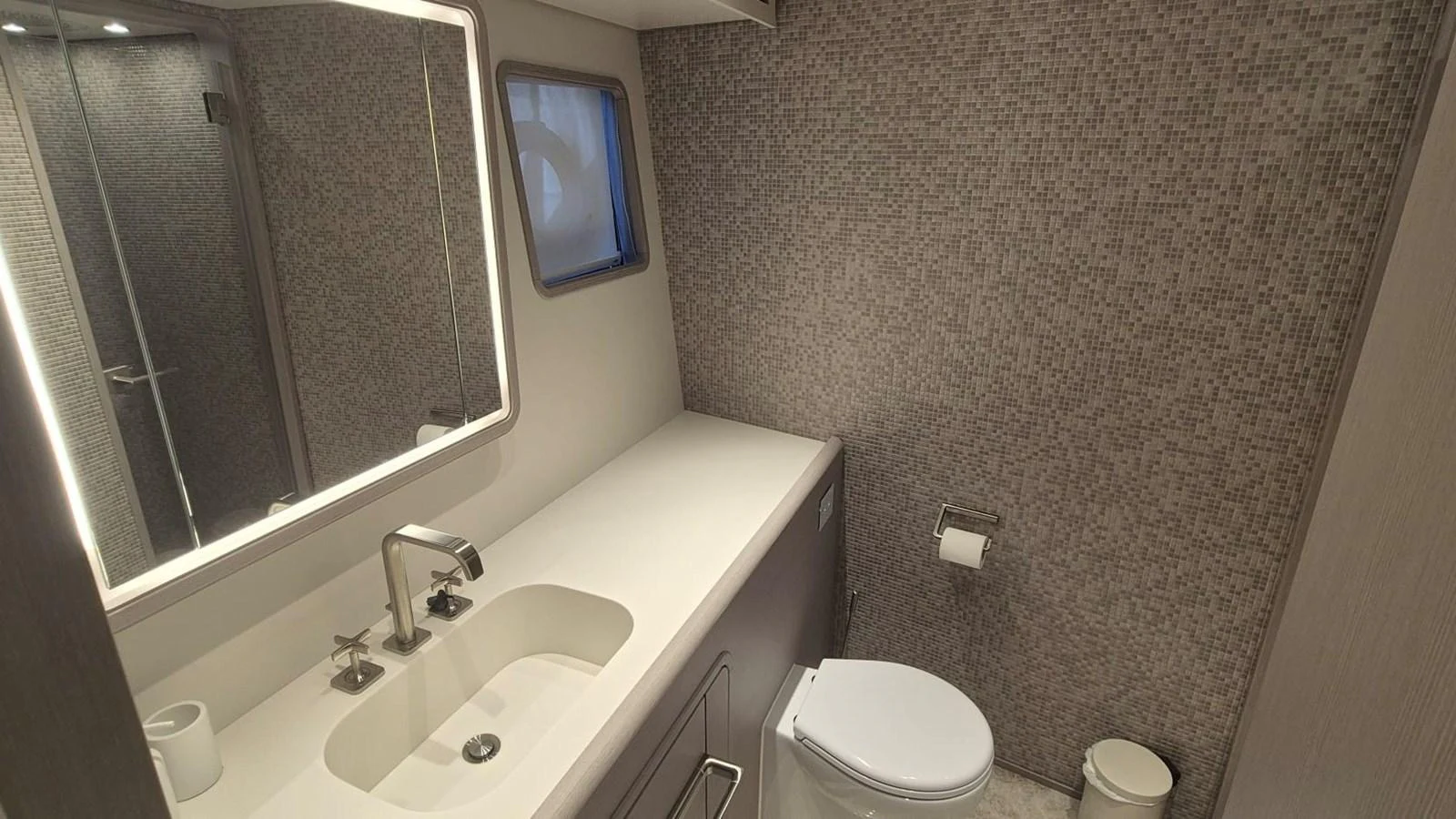 The yacht's bathroom features modern fixtures and a sleek design. aboard SOLE Yacht for Sale