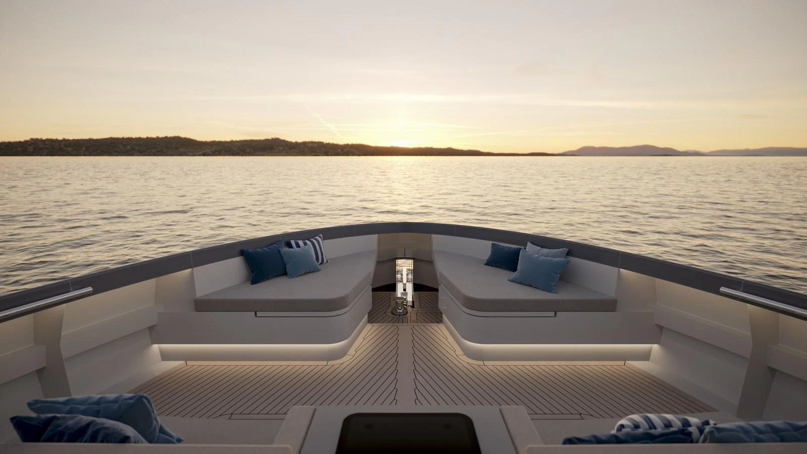 The bow seating area offers a serene view of the water at sunset. aboard KINGSHIP KS88 Yacht for Sale